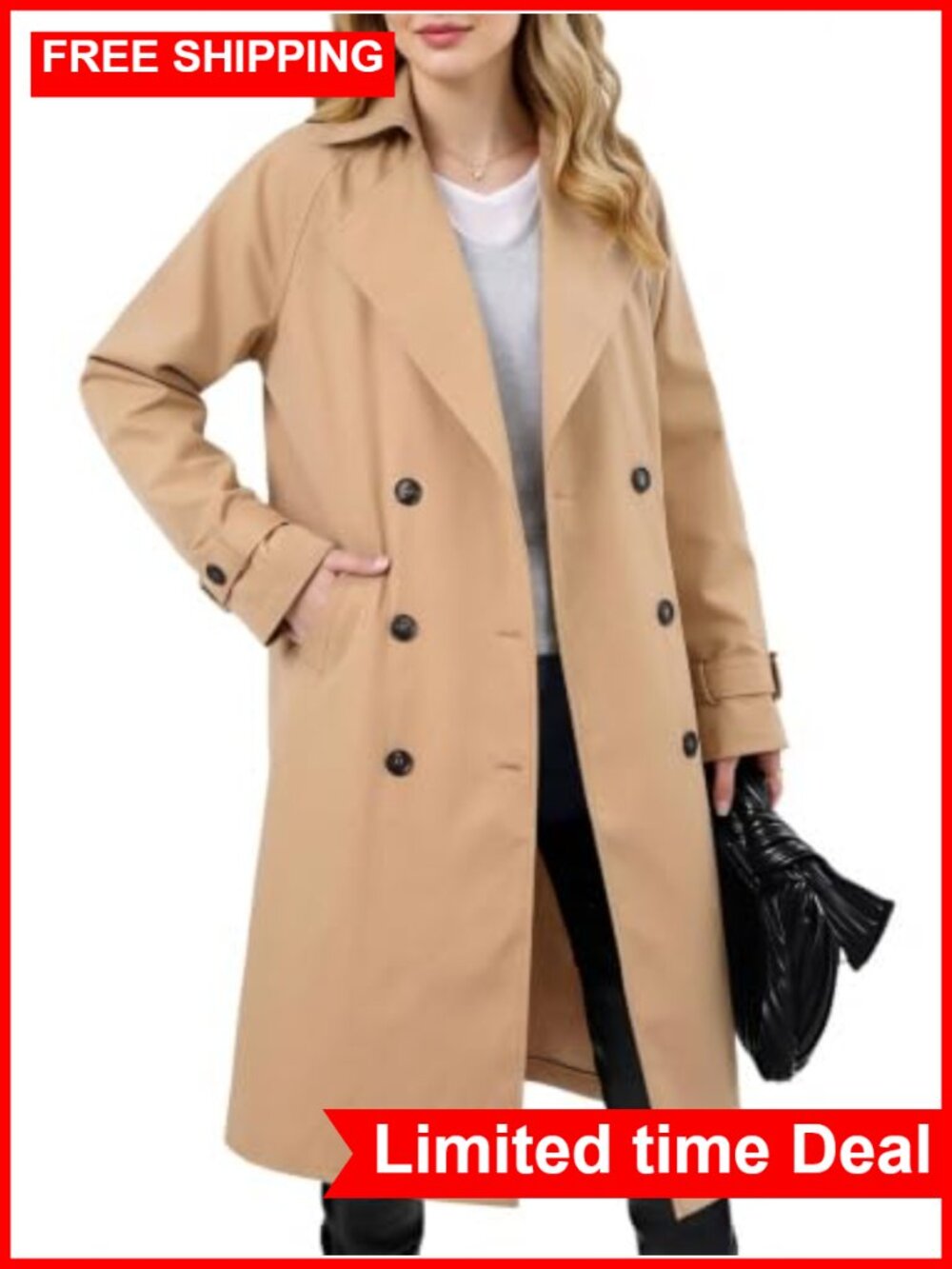 Women's Double Breasted Long Trench Coat with Belt Polyester Overcoat